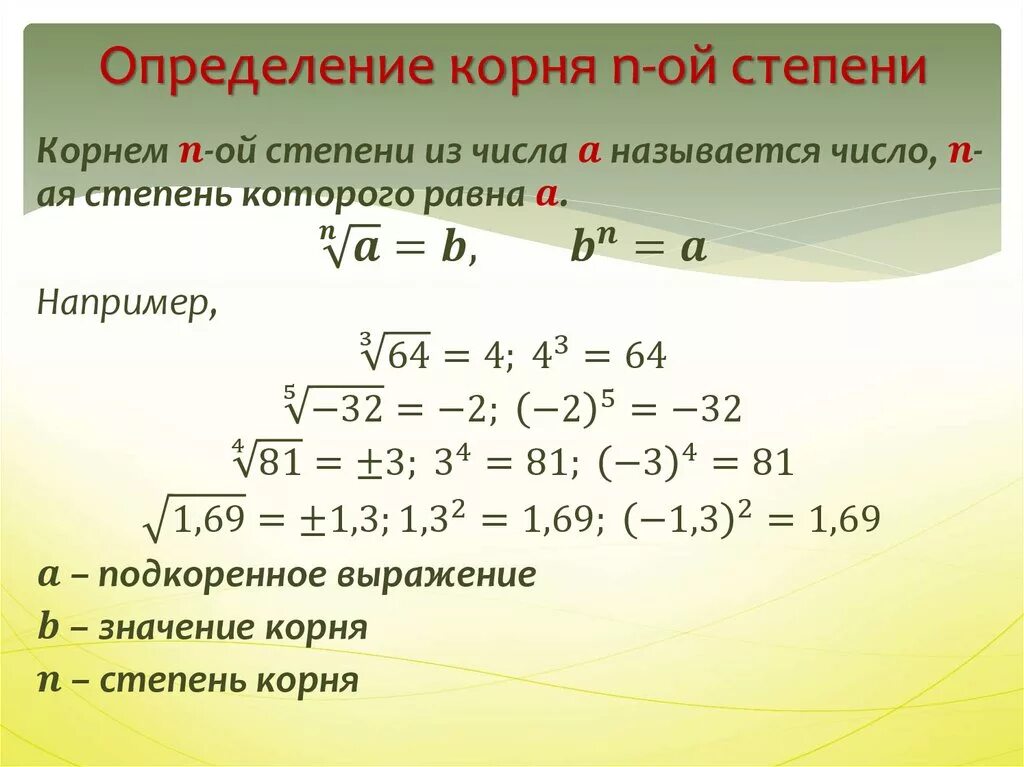 Как найти корень в степени. Корень n-й степени и его свойства определение. Корень н степени в степень. Арифметический корень н Ной степени.
