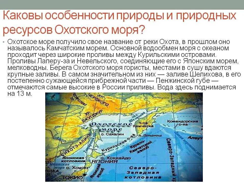 К каким морям относится охотское море. Природные ресурсы Охотского моря. Природные особенности Охотского моря. Особенности ресурсы Охотского моря. Охотское море краткая характеристика.