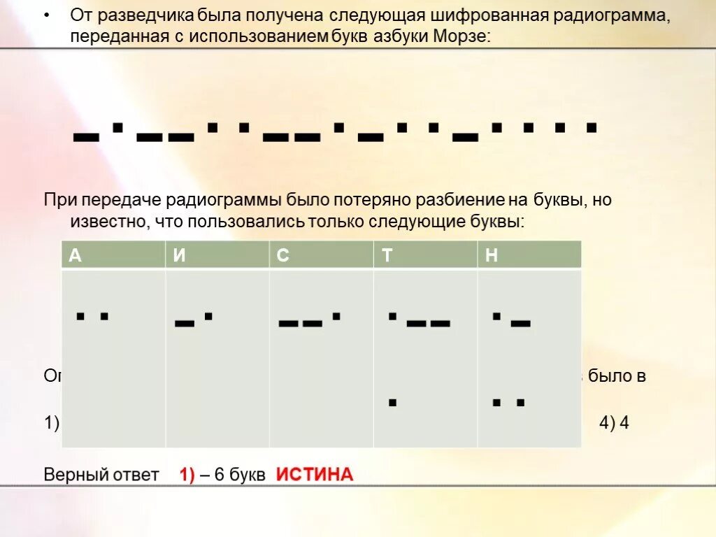 От разведчика была получена следующая радиограмма. Следующая шифрованная радиограмма переданная с использованием. Радиограмма Азбука Морзе. При передаче радиограммы было потеряно разбиение на буквы. От разведчика была получена шифрованная.