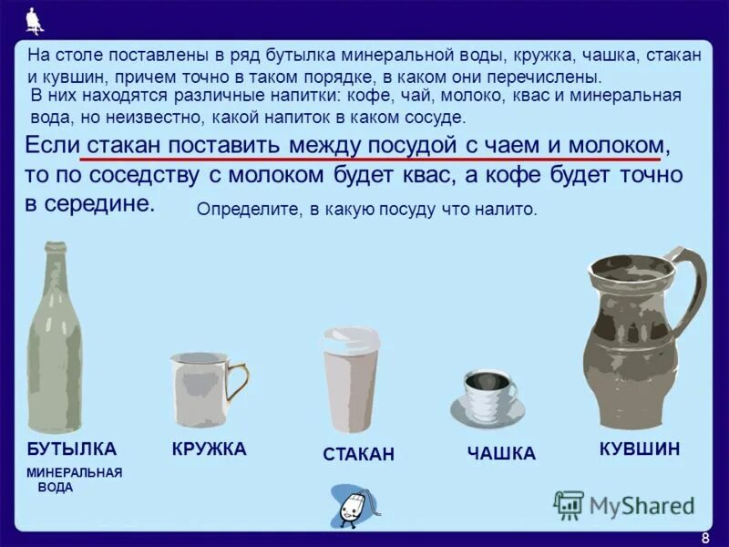 Сколько стаканов воды в бидоне 1. На столе поставлены в ряд бутылка Кружка чашка стакан и кувшин. На столе поставлены в ряд бутылка Кружка. Кувшин стакан чашка. На столе поставлены в ряд бутылка минеральной воды Кружка.