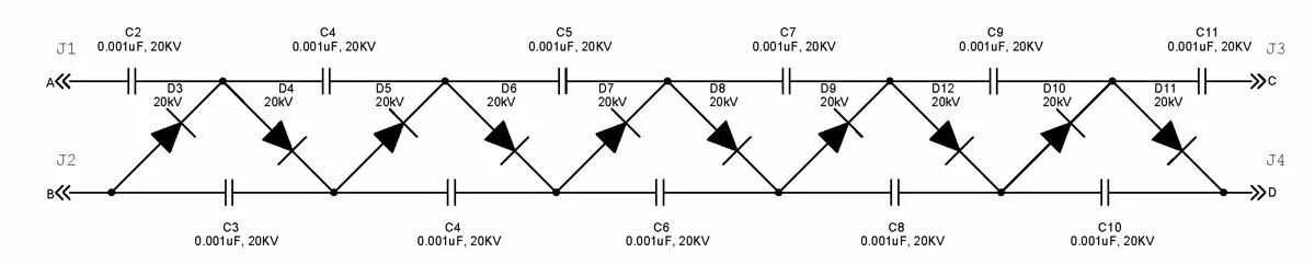 Схема высоковольтного умножителя напряжения. Умножитель напряжения схема. Схема умножителя напряжения на диодах и конденсаторах. Электрическая схема умножителя напряжения.