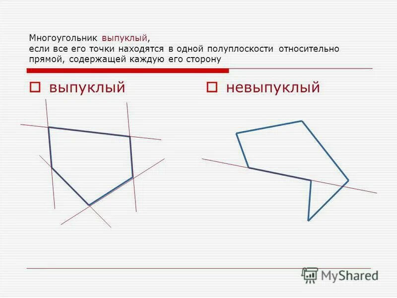 Как расположен выпуклый многоугольник относительно любой прямой. Выпуклый многоугольник. Не выпуклый многоугольник. Выпуклый многоугольник рисунок. Начертить выпуклый и невыпуклый многоугольник.