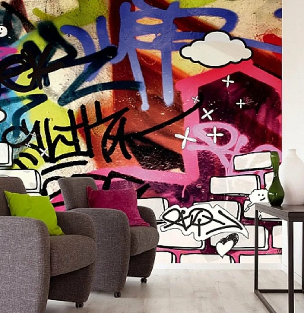 Крутой стен. Граффити в интерьере. Обои граффити в комнату. Обои с граффити на стену в комнату. Роспись стен в стиле граффити.