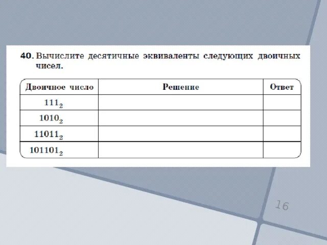 Как вычислить десятичный эквивалент двоичного числа. Вычислите десятичные эквиваленты следующих чисел. Вычислите десятичные эквиваленты следующих двоичных чисел. Что такое числовой эквивалент в информатике.