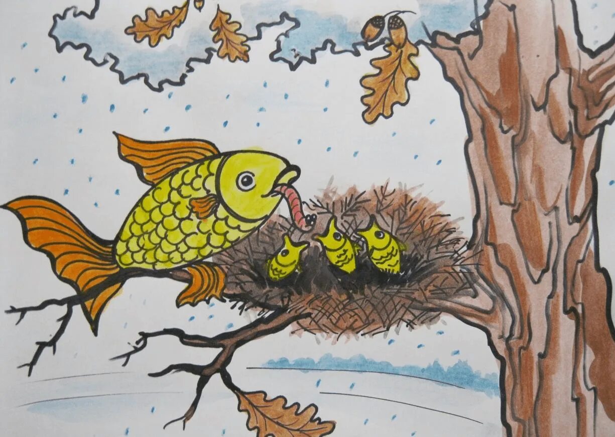 Перевертыши для детей 1 класс. Иллюстрации к небылицам. Рисунок небылицы. Сказочные небылицы. Небылица про рыбу в гнезде.