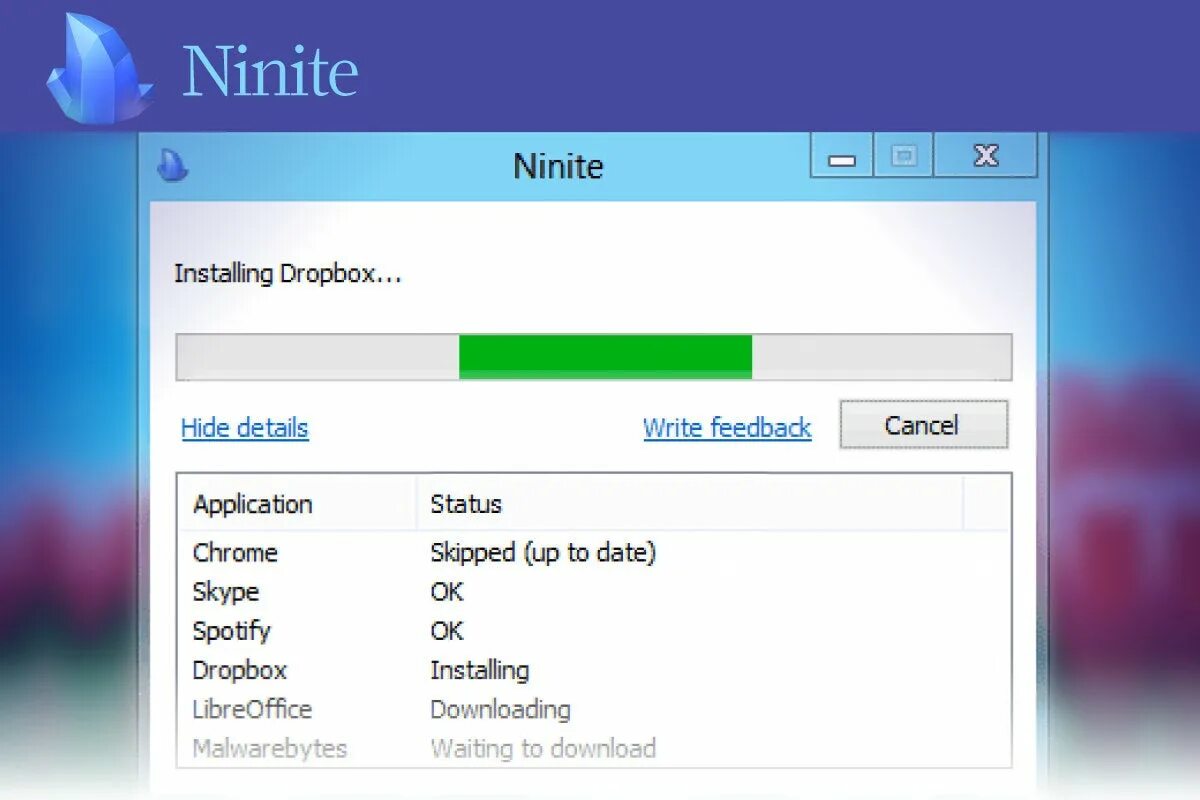 Windows install apps. «Ninite Pro». Windows installer app. Program installation Window. Installing the program.