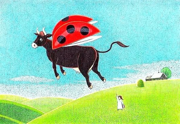 Коровка коровка полети на небо. Корова и Божья коровка. Летающая корова картина. Коровка иллюстрация. Коровка с крыльями.