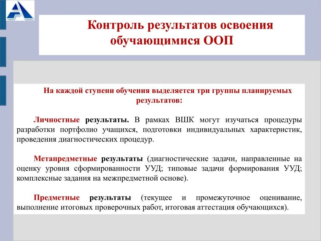 Контроль результатов. Группы результатов освоения ООП. Диагностика результатов освоения. Назовите три группы результатов освоения ООП. Использование результатов мониторинга