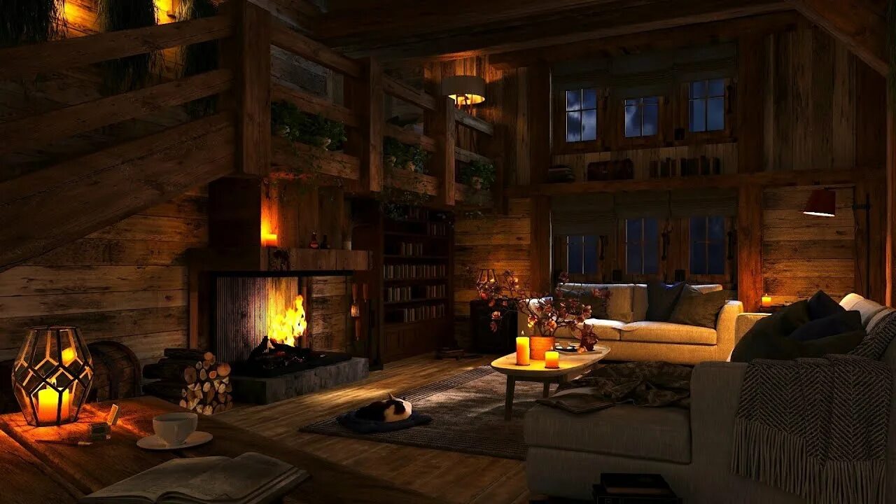 Cozy cabin. Уютное место. Гостиная на даче с камином. Cozy cabin. Уютный деревянный домик.