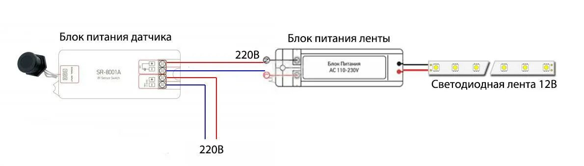 Как подключить светодиодную ленту на кухне. Схема подключения датчика движения к светодиодной ленте. Схема подключения диодной ленты с датчиком движения. Схема подключения led ленты с датчиком движения. Схема подключения диодной ленты через выключатель 12 вольт.