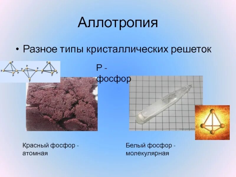 Аллотропные соединения неметаллов. Аллотропные фосфора. Атомная кристаллическая решетка фосфора. Молекулярная решетка красного фосфора. Аллотропия кристаллическая решетка белый красный фосфор.