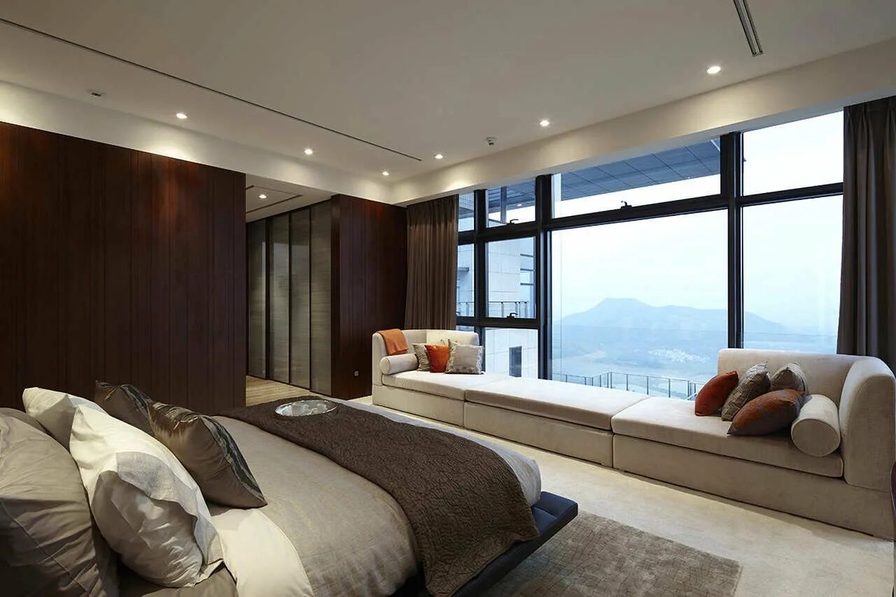 Дизайн комнат виды. Пентхаус House of the Tree в Китае. Спальня с панорамными окнами. Спальня с большими окнами. Спальня в современном стиле с панорамными окнами.