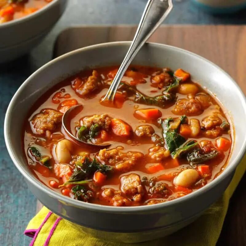 Первый вкусный. Аппетитный суп. Итальянский суп с сосисками. Суп итальянский с колбасками. Итальянский суп с колбасой.