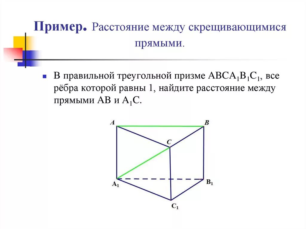 Как найти расстояние между скрещивающимися. Расстояние между скрещивающимися прямыми. Скрещивающиеся прямые примеры. Расстояние между скрещивающимися прямыми в треугольной призме. Расстояние между скрещивающимися прямыми пример.