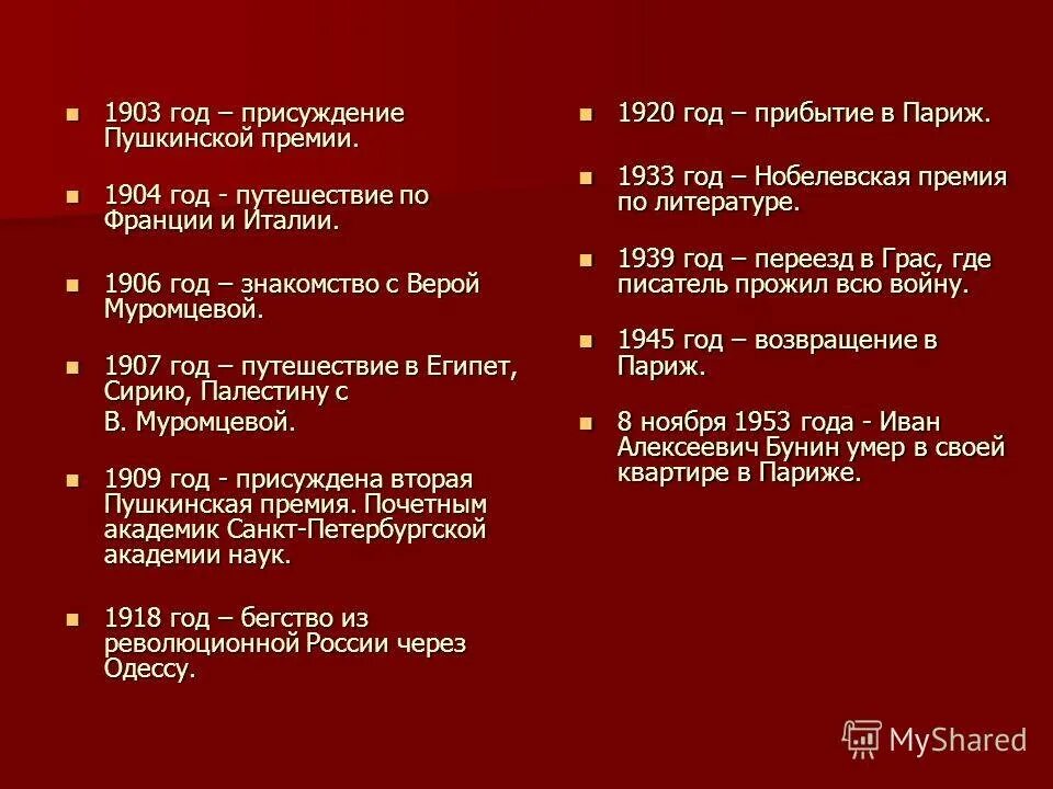 Хронологическая таблица Ивана Бунина. Хронологическая таблица жизни Ивана Бунина. Хронологическая таблица Ивана Алексеевича Бунина.