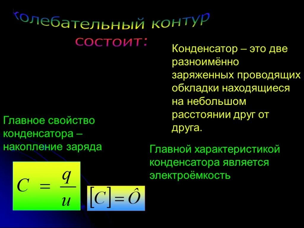 Колебательный контур состоит из конденсатора электроемкость. Основные характеристики конденсатора. основное свойство конденсатора. главное свойство конденсатора. основные свойства конденсатора.