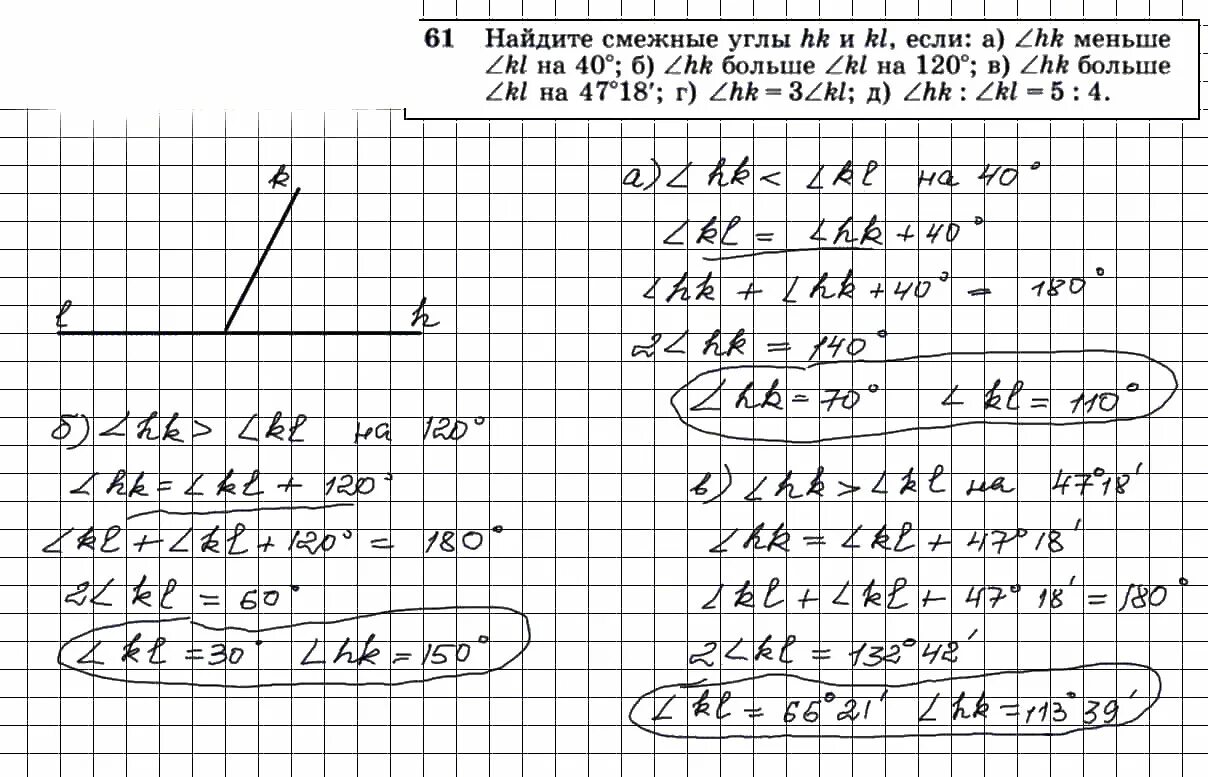 Математика 7 класс упражнение 61. Найдите смежные углы HK И KL если угол HK меньше угла KL на 40 градусов. Геометрия 7-9 класс номер 61.