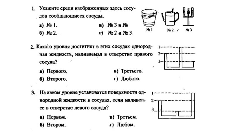 Сообщающиеся сосуды физика 7 класс тест