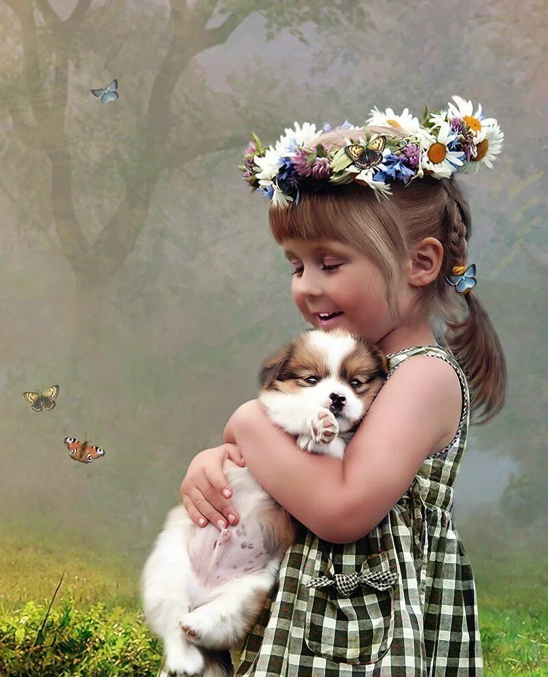 Добро картинки красивые. Девочка с собачкой. День «дети и животные». Детишки с цветами и животными. Милая собачка девочка.