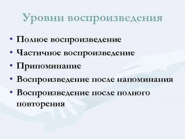 Уровни воспроизведения. Припоминание это в психологии. Уровни воспроизведения в психологии. Воспроизведение памяти. Документ полностью воспроизводящий информацию