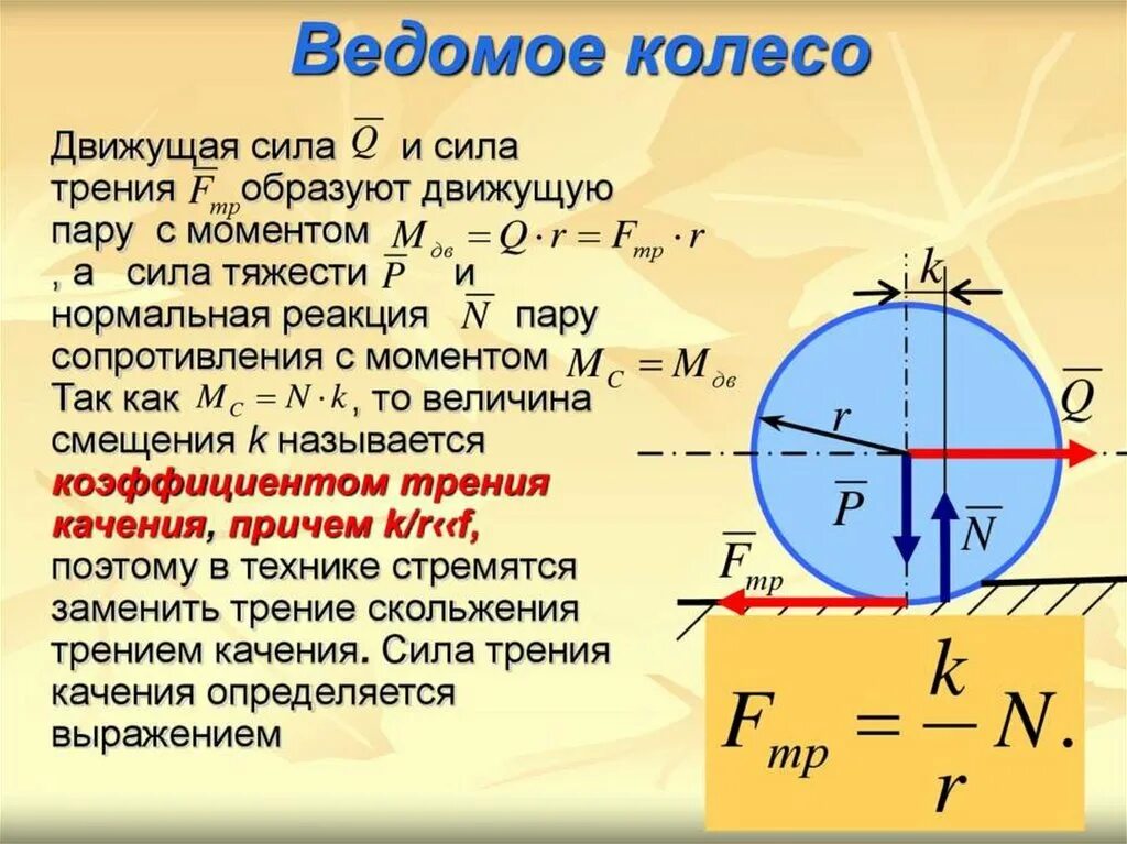 Трение качения направление. Коэффициент трения качения колеса формула. сила трения скольжения и качения формула. формулы, определяющие силу трения качения. сила трения формула в колесе.