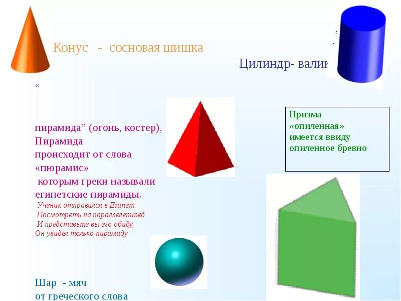 Урок призма пирамида конус 6 класс. Шар, куб, призма, параллелепипед, цилиндр, конус, пирамида). шар куб цилиндр конус пирамида параллелепипед. призма пирамида шар конус цилиндр сфера. призма пирамида цилиндр конус.