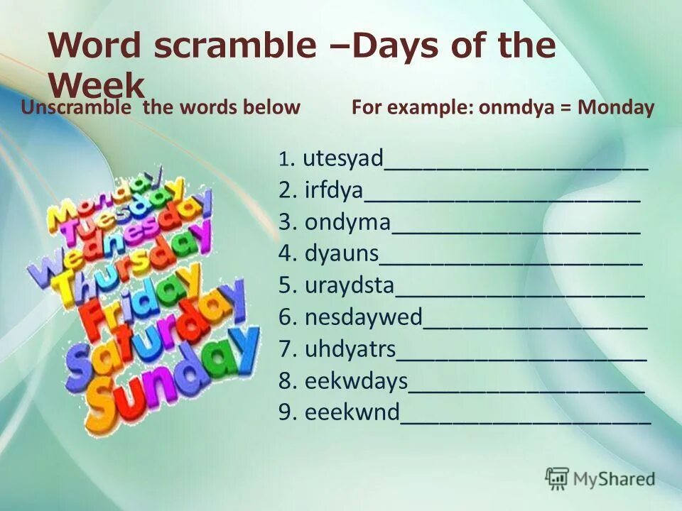 Дни недели на английском для детей. Days of the week simple. Word scramble. Days of the week simple. Board game for kids.