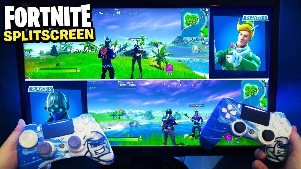 Как играть на одном экране xbox. Fortnite ps4 Split Screen. Разделение экрана Xbox Fortnite. Split Screen Fortnite Xbox one. ФОРТНАЙТ пс4 Разделение экрана.