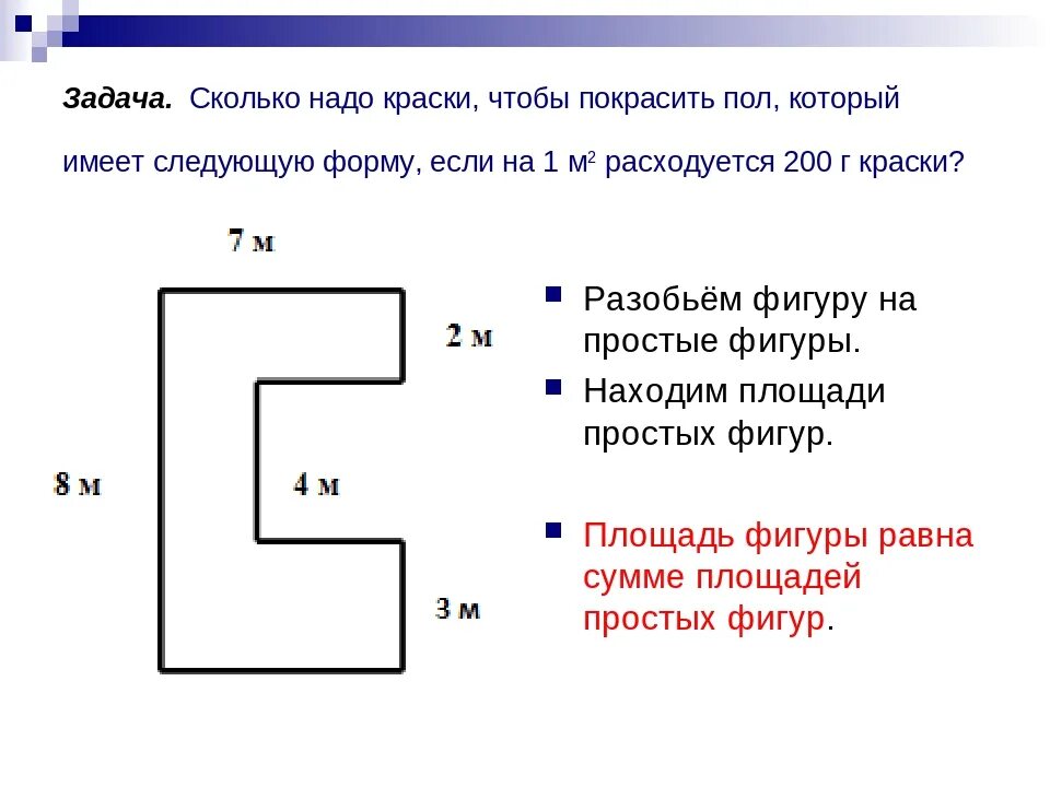 Площади сложных фигур задания. Площадь сложной фигуры 5 класс. Как рассчитать сколько нужно краски. Как посчитать площадь фигуры неправильной формы.