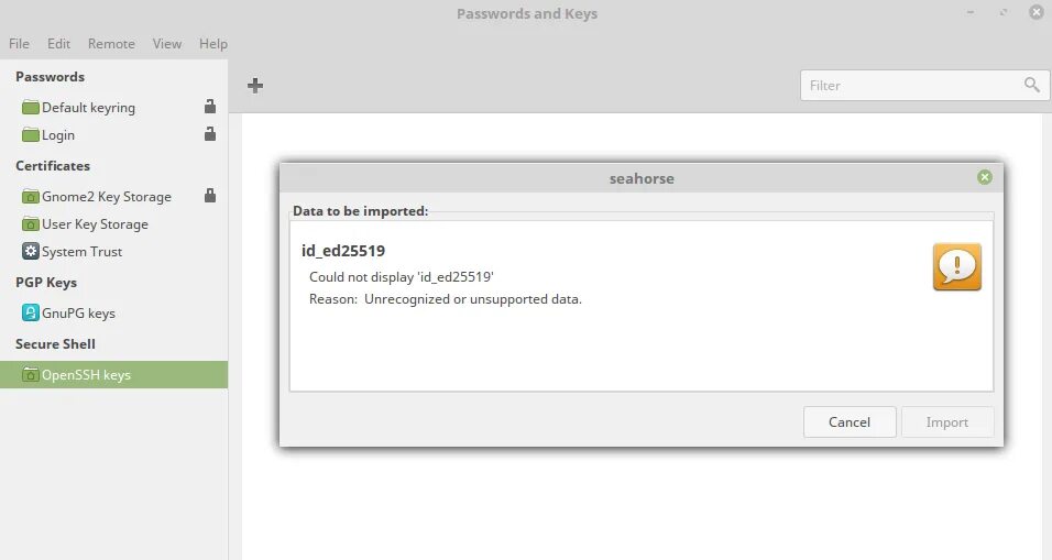 Ssh no matching host key type found. Gnome Keyring. Ed25519. SSH ключ на связке. Графический менеджер паролей и ключей Seahorse.