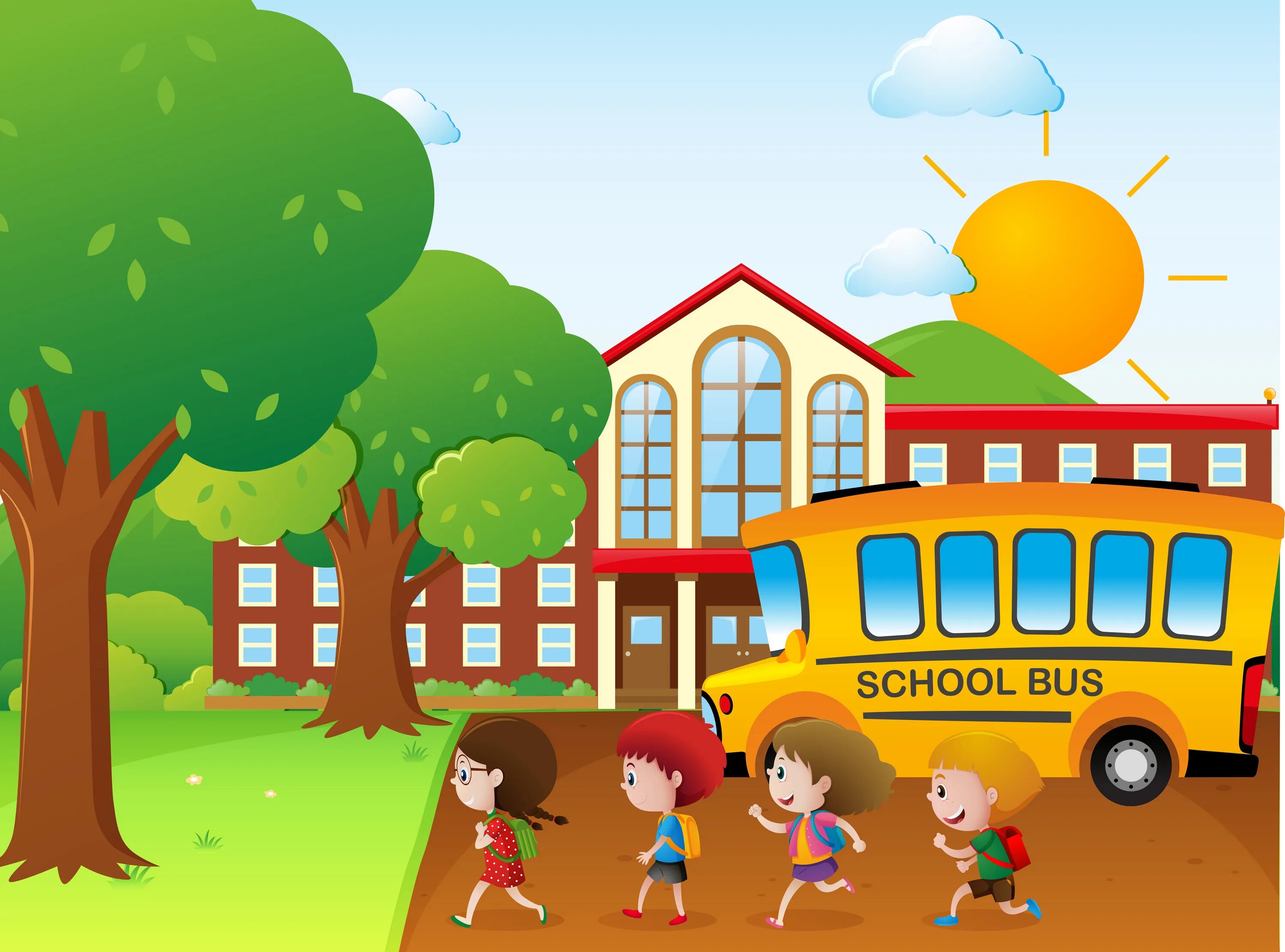 We don t go to school. Дети возле школы рисунок. go to shoolрисунок для детей. здание школы мультяшное. go to school картинка.