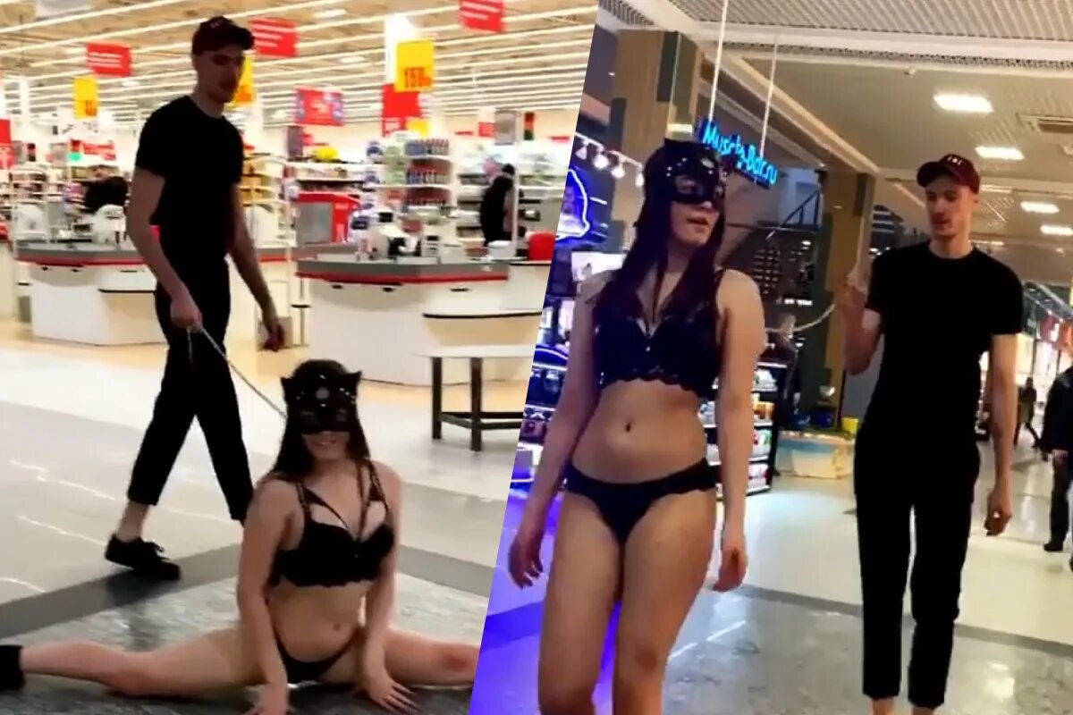 Госпожа выгуливает в городе свою нижнюю. Девушка выгуливает парня. Девушки на поводке в торговом центре. Вести девушку на поводке. Выгуливает парня на поводке.