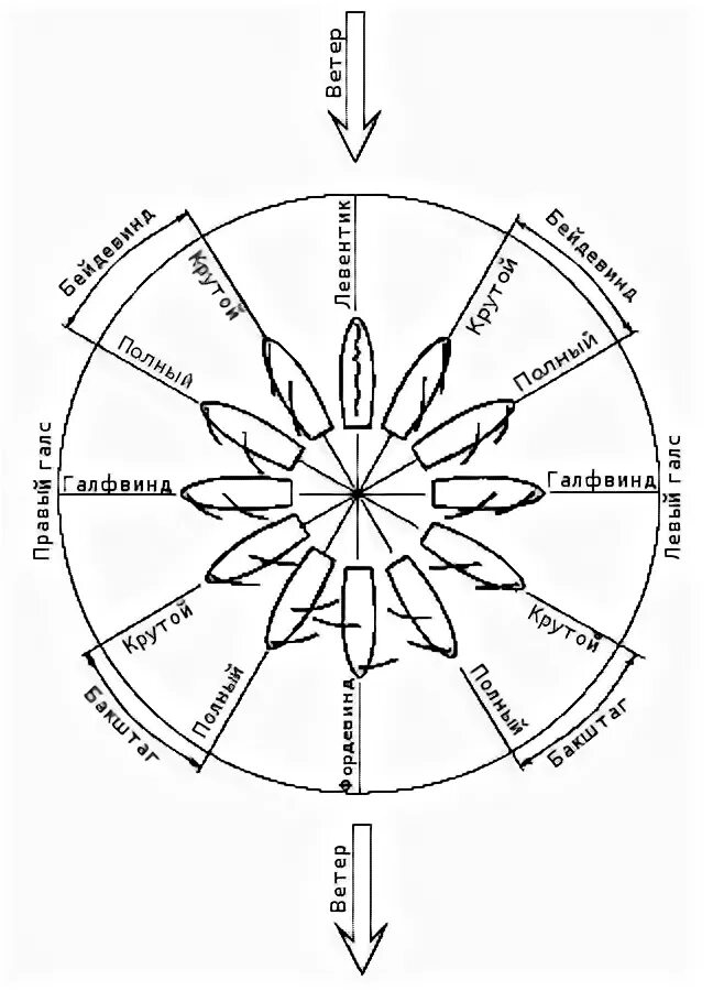 Направление ветра относительно яхты. Курсы судна относительно ветра. Фордевинд бейдевинд бакштаг. Галсы парусного судна схема. Бейдевинд и бакштаг.