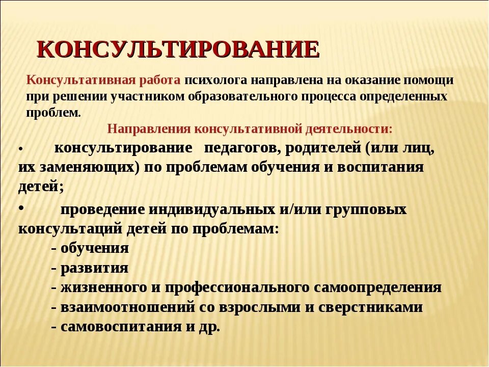 Консультативная работа психолога. Консультативная работа педагога-психолога. Деятельность психолога. Направления работы психолога.