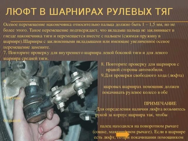 Осевой зазор в шарнирах рулевых тяг. Люфт в рулевом управлении. Неисправности рулевого управления автомобиля. Шарниры рулевых неисправности.