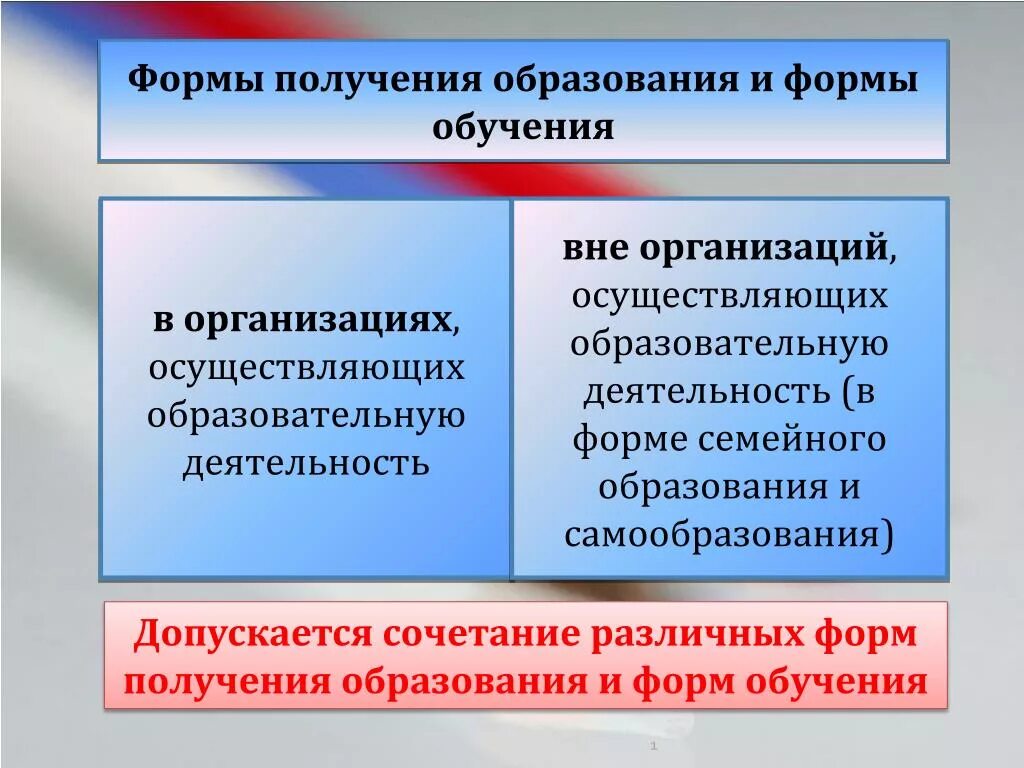 Деятельности организации что получила. Формы получения образования. Формы получения образования и формы обучения. Формы получения образования в Российской Федерации. Формы организации образования вне ОУ.