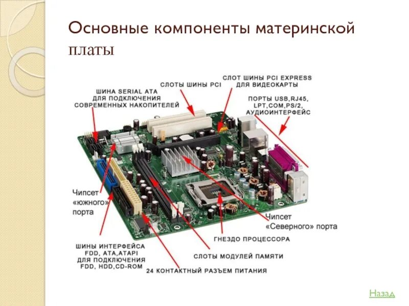 Основной системной платы. Схема основных компонентов материнской платы. Материнская плата составляющие компоненты. Компоненты ПК В схеме материнской платы. Основные компоненты материнской платы ПК И их Назначение.