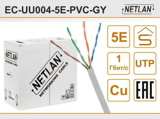 Кабель NETLAN "EC-uu004-5e-PVC-GY" U/UTP 4 пары, кат.5e одножильный, серый 305м. Кабель NETLAN EC-uu004-5e-PVC-GY. NETLAN EC-uu004-5e-PVC-GY. EC-uu004-5e-PVC-GY. Utp 5e pvc gy