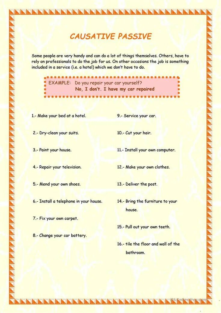 Passive causative. Causative form в английском упражнения. causative worksheets. causative passive worksheets. rewrite the sentences in the causative.