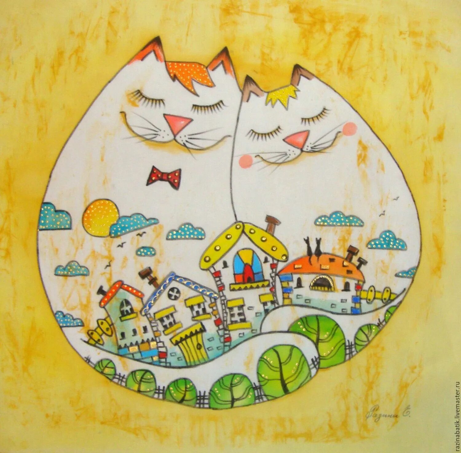 Дом счастливых кошек. Рисунки котиков. Картина счастье.