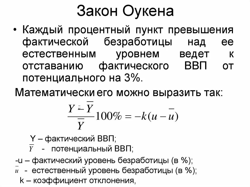 Фактический ВВП формула коэффициент Оукена. Закон Оукена формула безработица. Оукен закона Оукена. Коэффициент Оукена формула безработицы. Фактический и потенциальный уровень ввп