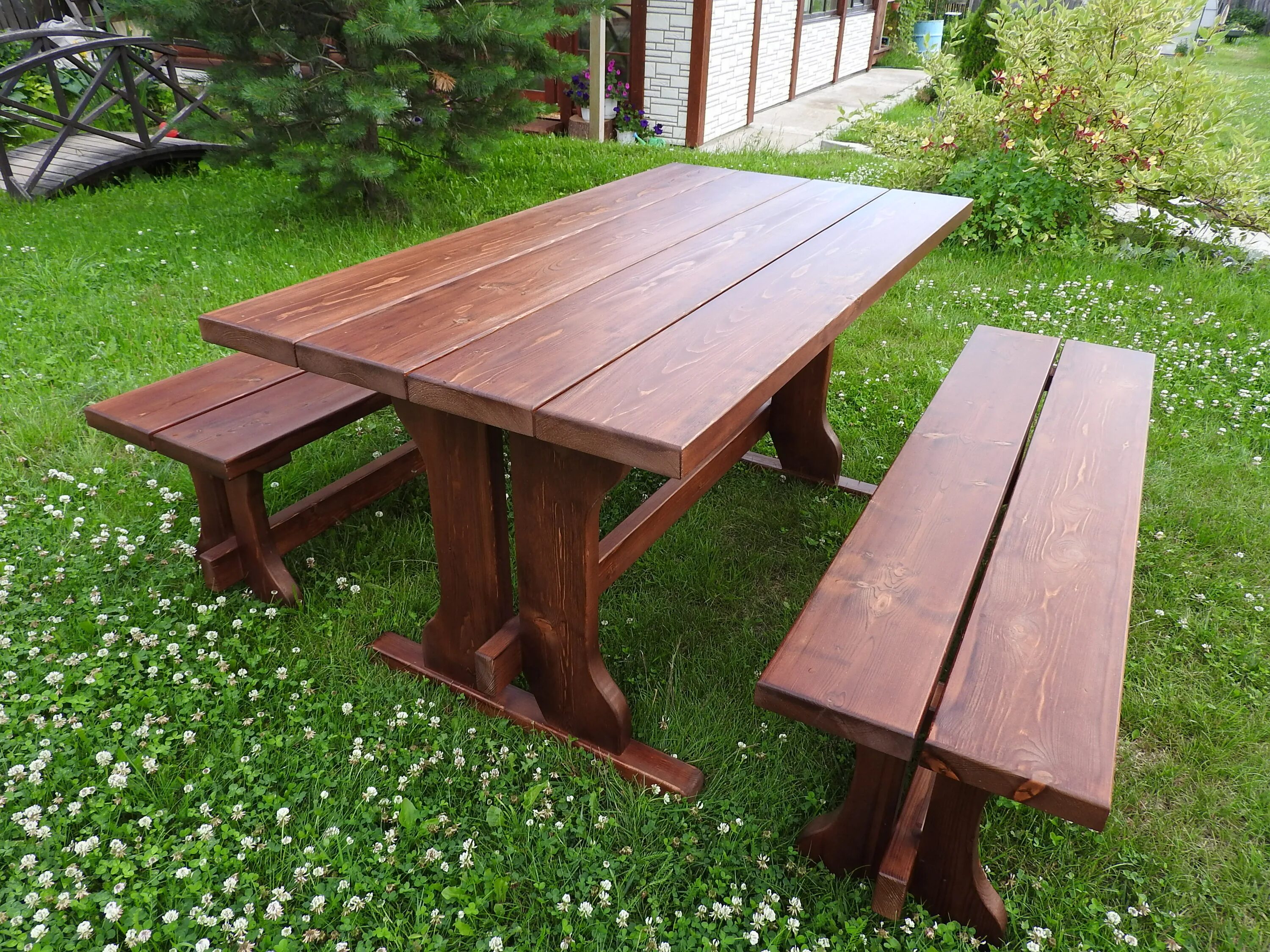 Уличный стол своими руками из дерева. Комплект садовой мебели (стол+2 скамейки) пластик HDPE. Стол садовый деревянный. Стол уличный деревянный. Дачный стол из дерева.