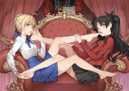 Fate Stay Night, Artoria Pendragon, Tohsaka Rin, barefoot, black hair, blon...