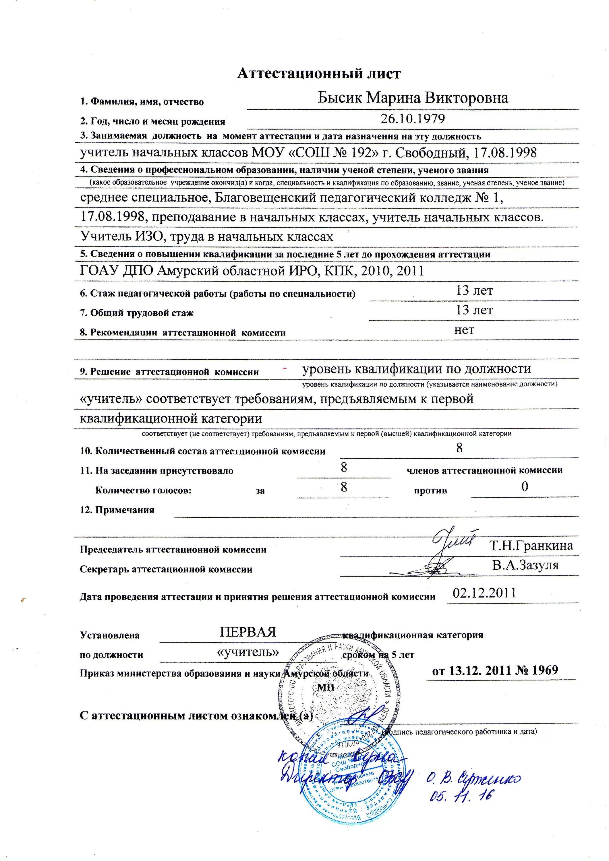 Как выглядит аттестационный лист Результативность