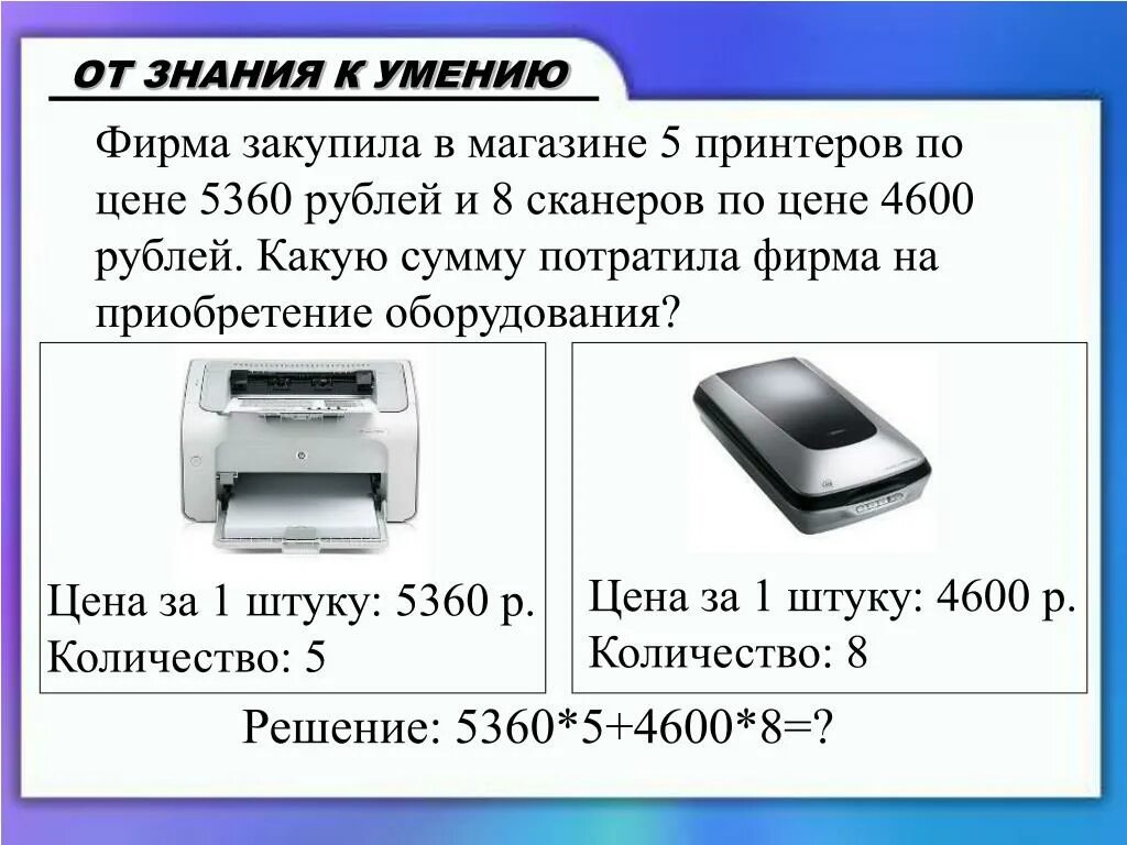 Сколько принтеров в россии. Фирма закупила 5 принтеров по цене 5360. Сумма принтера. Сообщение на тему калькулятор. Сканер решения задач.