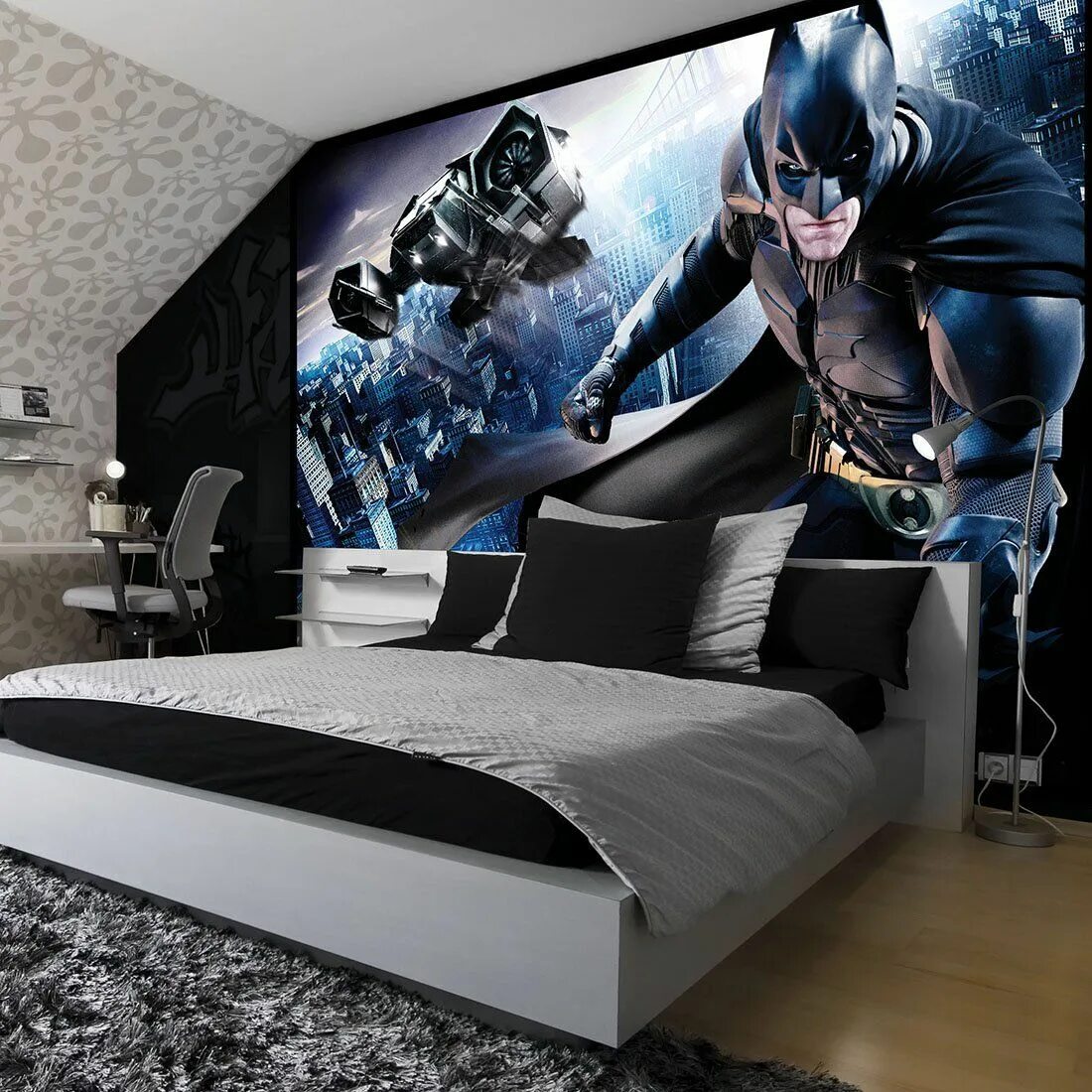 Крутой стен. Комната в стиле Бэтмена. Спальня в стиле Бэтмена. Фотообои для подростка мальчика. Комната мальчику в стиле Бэтмен.