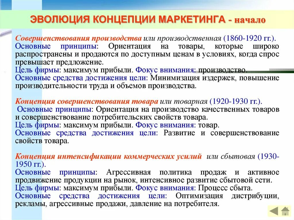 Маркетинговые улучшения. Эволюция концепции маркетинга. Основные концепции развития маркетинга. Концепция совершенствования производства. Концепция продаж в маркетинге.