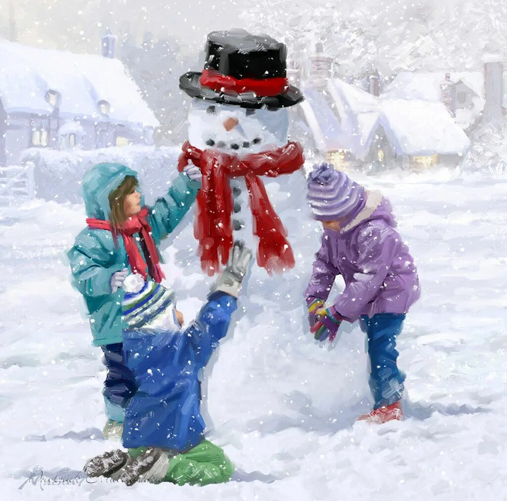 Лепить снеговика зимой. Richard MACNEIL художник.