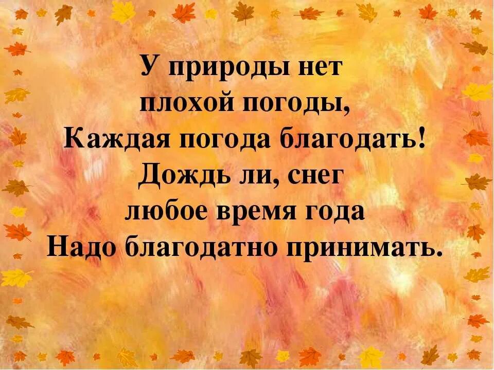 Благодарно принимать. У природымнет АЛОХОЙ погоды. У природы нет плохой погоды. У природы нет хлохой породы. У природы нетплохоц погоды.