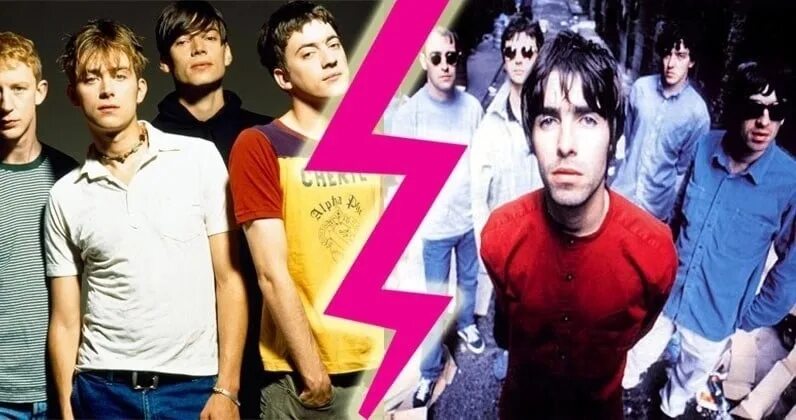 Назад на пятнадцать. Blur vs Oasis. Брит поп группы. Исполнители Blur и Oasis. Oasis Брит-поп обои на телефон.